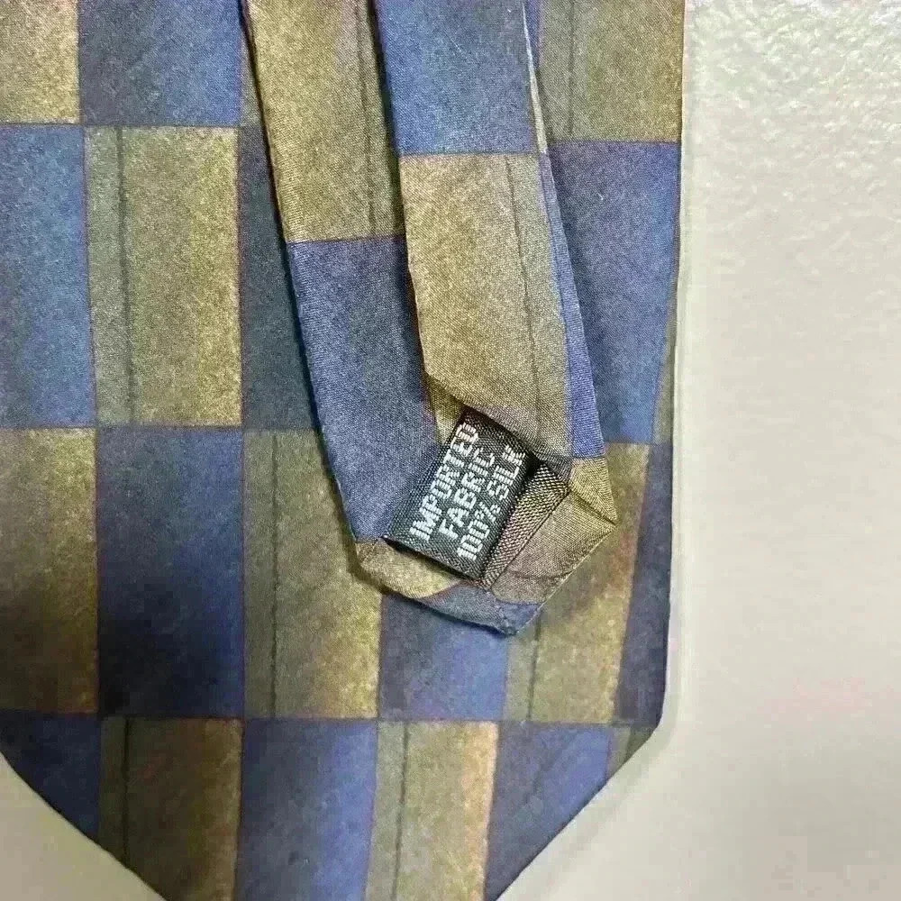 VTG 80s OSCAR DE LA RENTA 100% Silk Tie Blue Green Block Print 55" x 3.5" - Picture 3 of 5